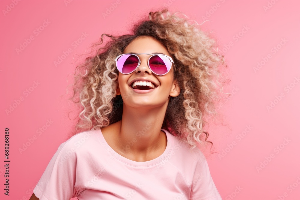 Happy and cheerful young woman wearing stylish sunglasses radiating joy and positivity against pink background.