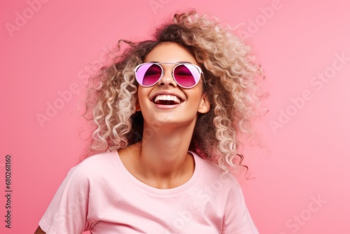 Happy and cheerful young woman wearing stylish sunglasses radiating joy and positivity against pink background.