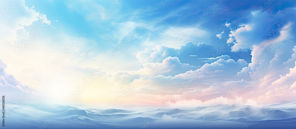 In the abstract design of a summer sky, a banner of nature's vibrant landscape unfolds, with light piercing through the space, creating a concept of ethereal beauty. The clouds, a majestic blend of In the abstract design of a summer sky, a banner of nature's vibrant landscape unfolds, with light piercing through the space, creating a concept of ethereal beauty. The clouds, a majestic blend of