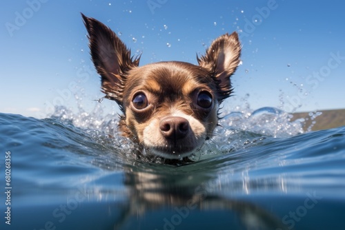 Environmental portrait photography of a curious chihuahua swimming in a lake against race tracks background. With generative AI technology © Markus Schröder