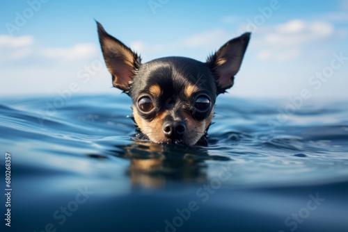 Environmental portrait photography of a curious chihuahua swimming in a lake against race tracks background. With generative AI technology © Markus Schröder