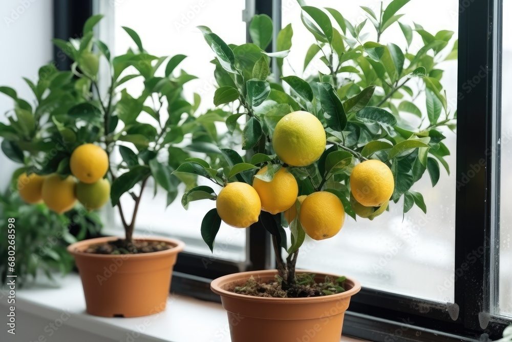  a group of lemon trees sitting on top of a window sill next to a potted plant in front of a window.