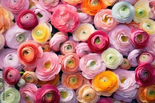  a close up of a bunch of flowers that are pink, yellow, orange, and pink with a green center.