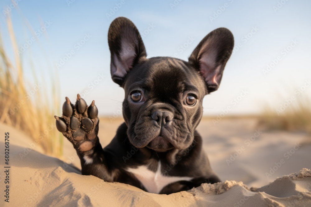 Close-up portrait photography of a bored french bulldog giving the paw against sand dunes background. With generative AI technology
