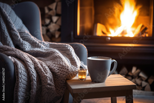 Cozy living room interior with a fireplace, a comfortable chair on which lies a warm blanket and a mug of hot tea. Family hearth