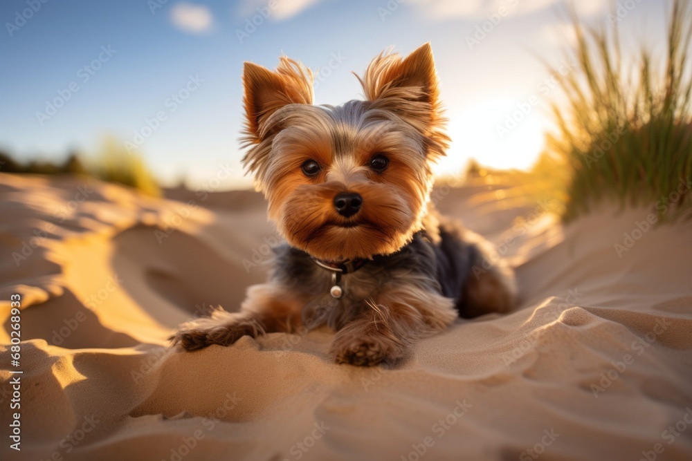 Medium shot portrait photography of a happy yorkshire terrier lying down against sand dunes background. With generative AI technology