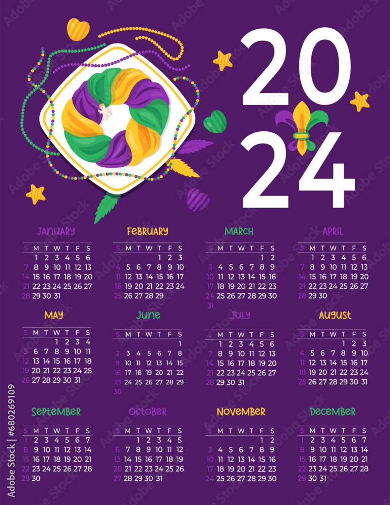 2024 annual calendar. Mardi Gras carnival. Festive King Cake with baby
