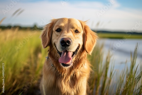 Headshot portrait photography of a cute golden retriever shaking his paws against wetlands and marshes background. With generative AI technology