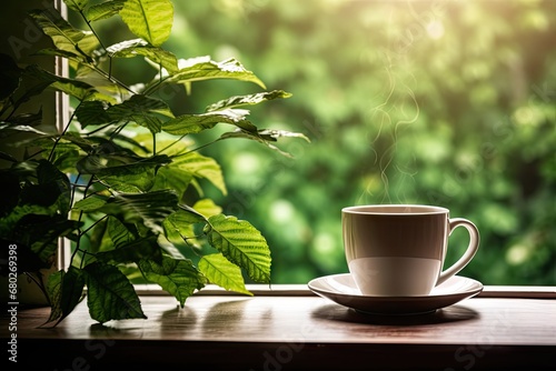  a cup of coffee sitting on top of a wooden table next to a leafy green plant on a window sill.