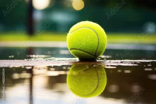  a tennis ball sitting on top of a puddle of water on a tennis court with the reflection of the tennis court in the water. © Nadia