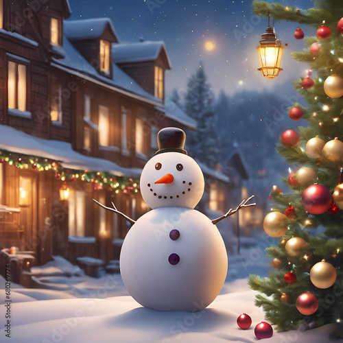 snowman with christmas tree and gifts
