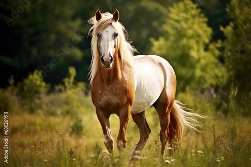 Paso Fino Horse Grazing in Domestic Stud Farm Field: Equestrian Equine Animal with Beautiful Brown Mane in Green Meadow