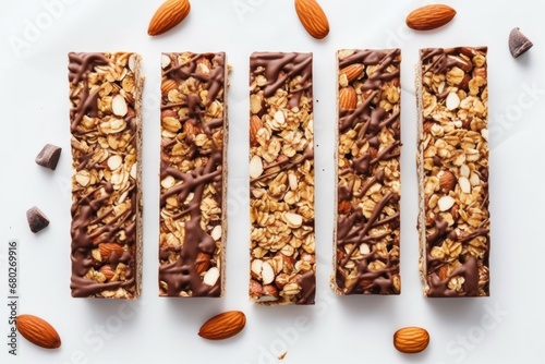 Delicious Chocolate Oatmeal Bars - Healthy Vegan Dessert and Breakfast. Top View of Homemade Bars on White Background. Perfectly Balanced with Oats and Chocolate