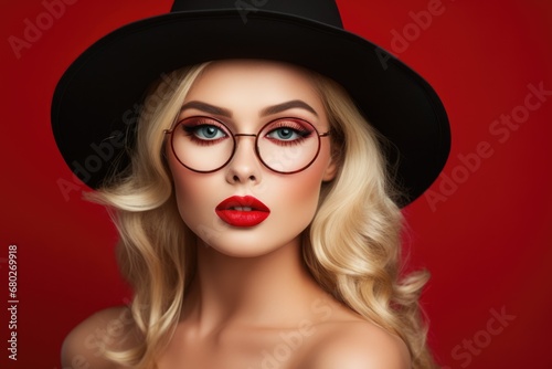 Lovely Lady: Blonde Woman With Hat and Glasses Makes Kissy Face on Red Background