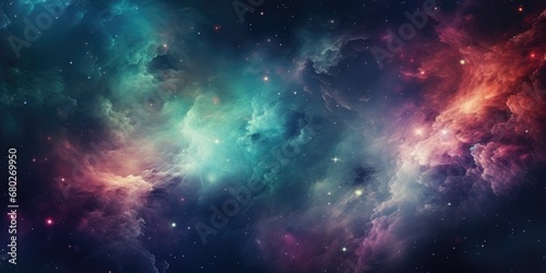 Cosmo Nebula and Galaxies in Space. Abstract Cosmos Background in shades of Green, Pink, and Red © AIGen