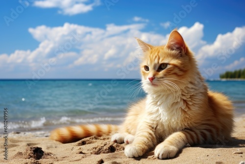 Cat On Beach at a Beautiful Bay with Clear Blue Skies and Clouds in the Background