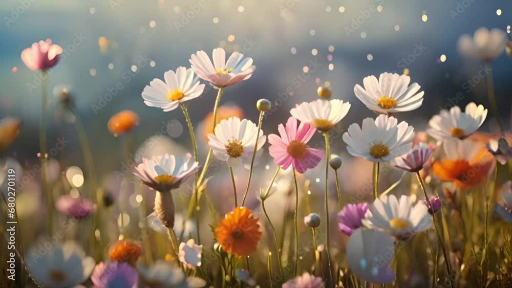 Magical Wild flower field moving in the wind with beautiful sunlight. White daisy meadow in sunset lights. Field of white daisies in the wind swaying close up. Concept: nature, flowers, spring, biolog Magical Wild flower field moving in the wind with beautiful sunlight. White daisy meadow in sunset lights. Field of white daisies in the wind swaying close up. Concept: nature, flowers, spring, biolog