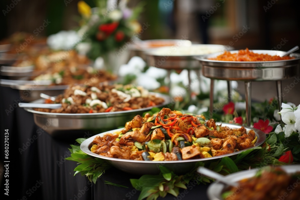 Sumptuous Wedding Buffet Catering. Delicious Spread of Food on Elegant Table for Perfect Party and Event Service