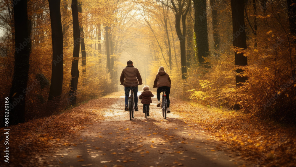 Landscape Style with Two People and a Child Cycling Through a Forest Trail