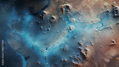 High-altitude Abstract Landscape: Aerial Illustration of Earth or Unknown Planet Surface. Barren Terrain with Mountains, Canyons, Gorges, and Water Bodies. Surreal Planetary Landscape with No Greenery photo