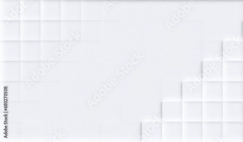 Abstract pattern of modern white evenly spaced squares with shadows on white. Modern and trendy abstract geometric background with copy space.