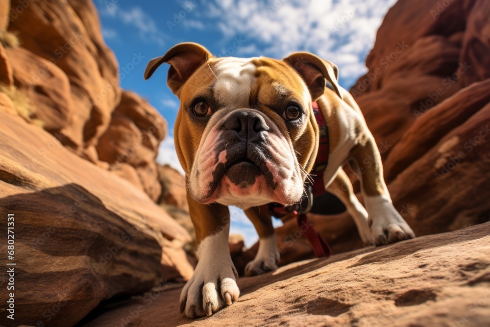 Obraz premium Close-up portrait photography of a curious bulldog hiking with the owner against rock formations background. With generative AI technology
