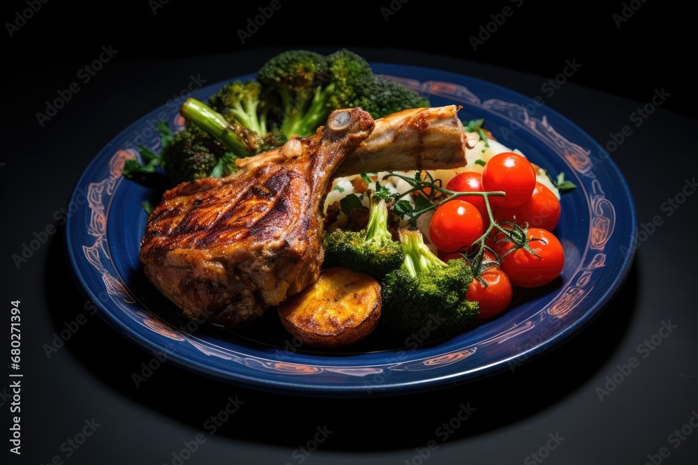 a close up of a plate of food with broccoli, tomatoes, meat, and broccoli. a close up of a plate of food with broccoli, tomatoes, meat, and broccoli.