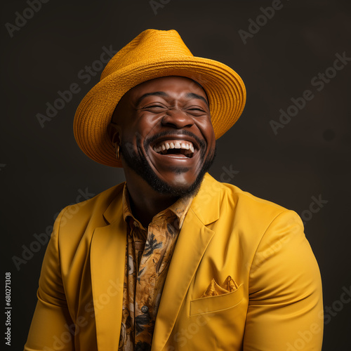 Hombre de raza negra con ropa llamativa riendo alegremente. photo