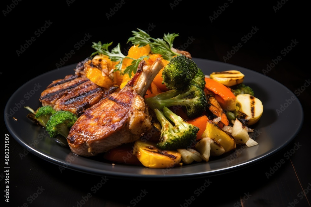 a plate of food with meat, broccoli, and carrots on a black plate on a wooden table. a plate of food with meat, broccoli, and carrots on a black plate on a wooden table.