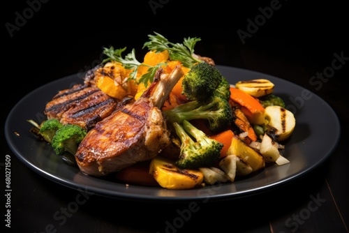  a plate of food with meat, broccoli, and carrots on a black plate on a wooden table.