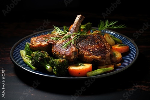  a close up of a plate of food with broccoli and carrots on a table with a dark background.