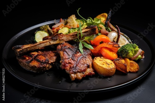  a black plate topped with meat and veggies next to a side of potatoes and broccoli on a black table.