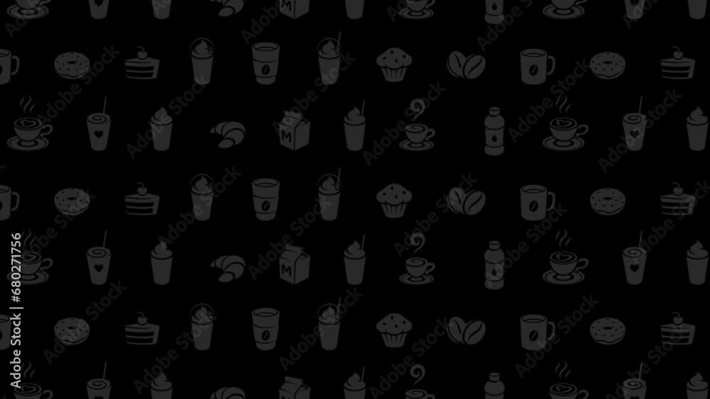 Moving Coffee and Breakfast Icons over a Black Background Moving Coffee and Breakfast Icons over a Black Background
