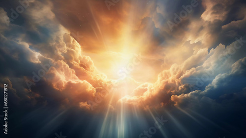 Culture, religion and sacral concept Abstract illustration and visualization of God light in sky with clouds photo