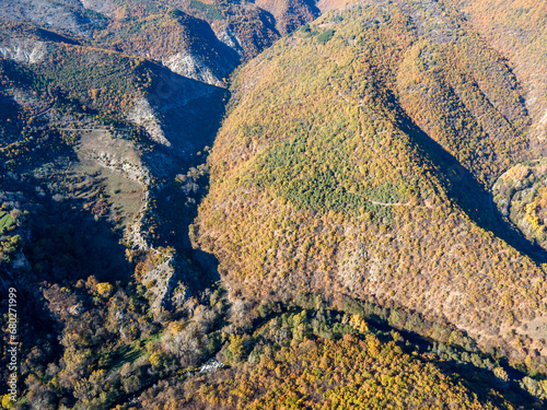 Aerial Autumn view of Zemen Gorge, Bulgaria photo