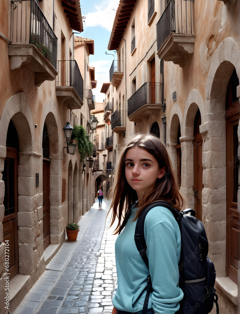 Spanish Sojourn: Young Backpacker Explores the Streets of a Charming Town in Spain. generative AI