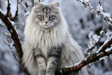 Winter Wonderland Explorer. Adventurous Cat Brave in the Snowy Tree Outdoor.