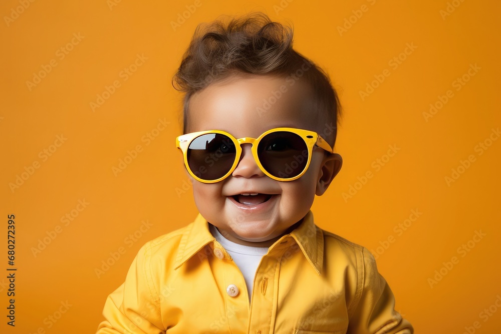 contented and happy baby with yellow sunglasses contented and happy baby with yellow sunglasses