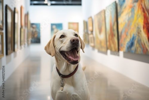 Close-up portrait photography of a smiling labrador retriever being at an art gallery against natural arches and bridges background. With generative AI technology photo