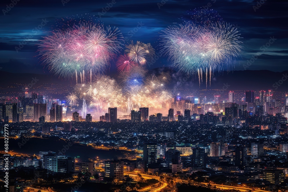 City Skylines Aglow: Aerial Symphony of Fireworks, generative AI City Skylines Aglow: Aerial Symphony of Fireworks, generative AI