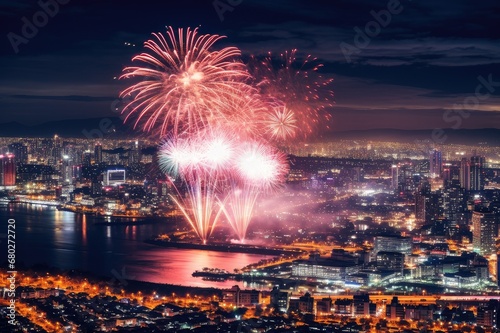 City Skylines Aglow: Aerial Symphony of Fireworks, generative AI