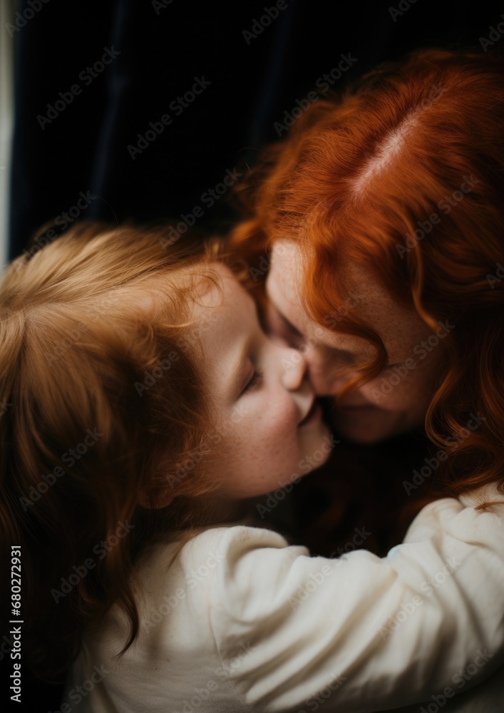 Redhead Irish mother kisses and hugs her baby, blurred kids room Redhead Irish mother kisses and hugs her baby, blurred kids room