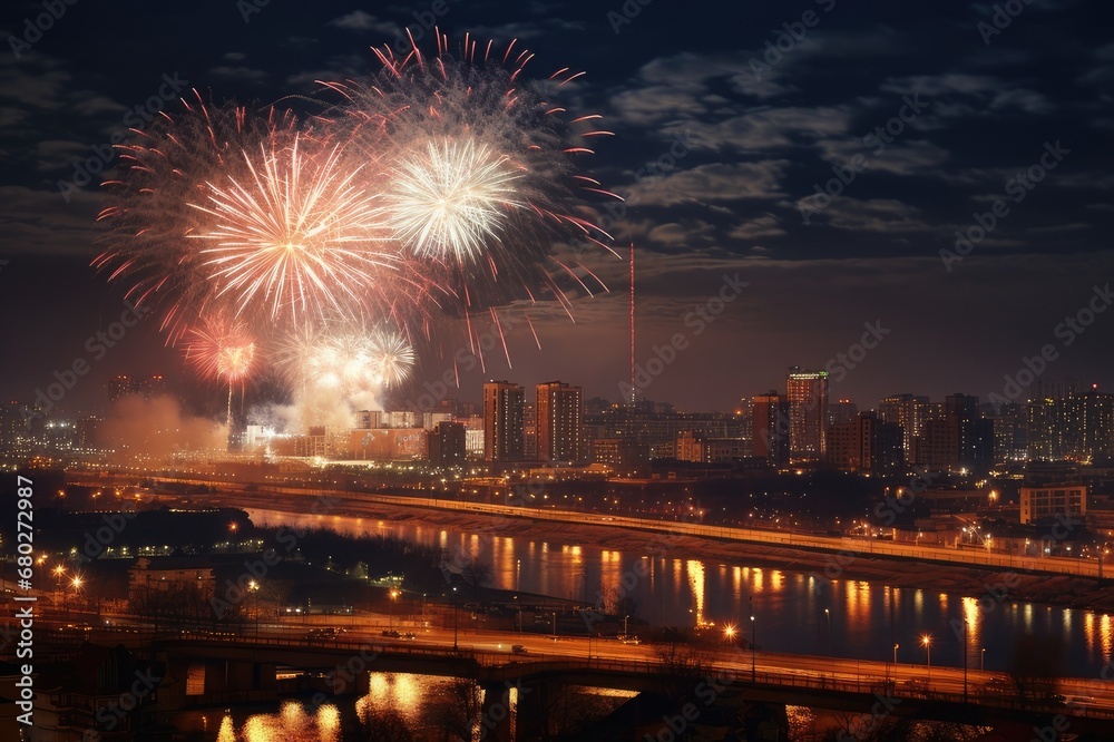 City Skylines Aglow: Aerial Symphony of Fireworks, generative AI City Skylines Aglow: Aerial Symphony of Fireworks, generative AI