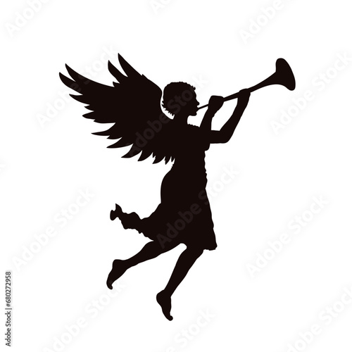 Silhouette of Christmas angel with trumpet - vector illustration