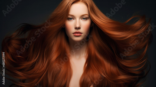 Portrait of a beautiful red-haired woman with a short haircut on a brown background