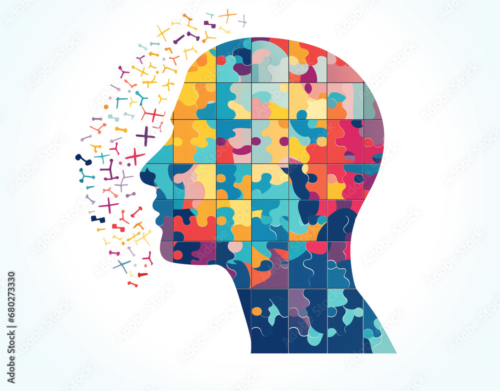 Human head profile and jigsaw puzzle, cognitive psychology or psychotherapy concept, mental health, brain problem, personality disorder, vector line design. AI generated Human head profile and jigsaw puzzle, cognitive psychology or psychotherapy concept, mental health, brain problem, personality disorder, vector line design. AI generated