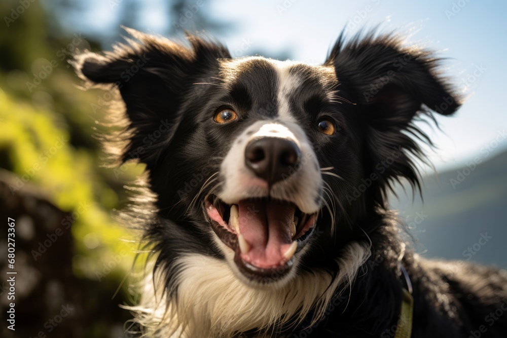Headshot portrait photography of a smiling border collie sticking head out of a car window against natural arches and bridges background. With generative AI technology