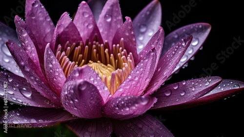 Purple lotus flower with water drops on the petals. Spa Concept. Springtime concept with copy space.