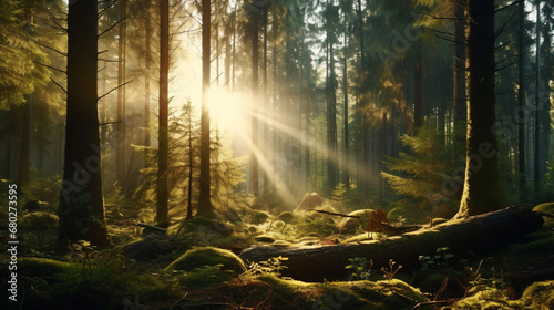 A meditative forest view in a quiet mountain setting  with morning sunlight shining through the trees