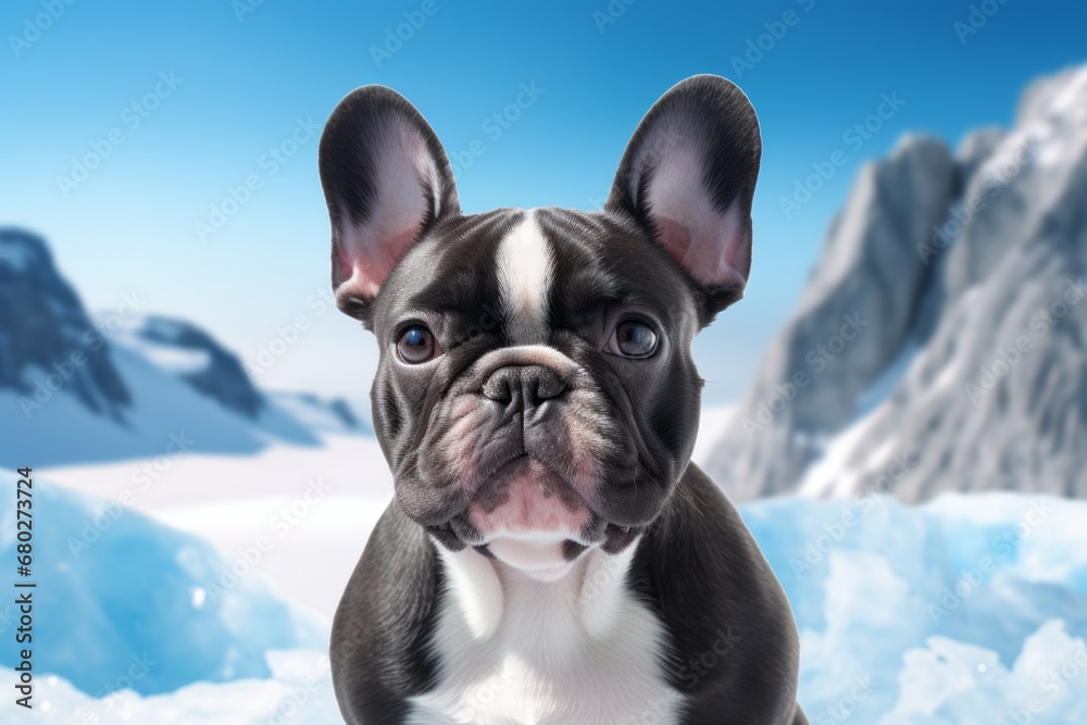 Headshot portrait photography of a cute french bulldog being on a mountain peak against glaciers and ice caves background. With generative AI technology